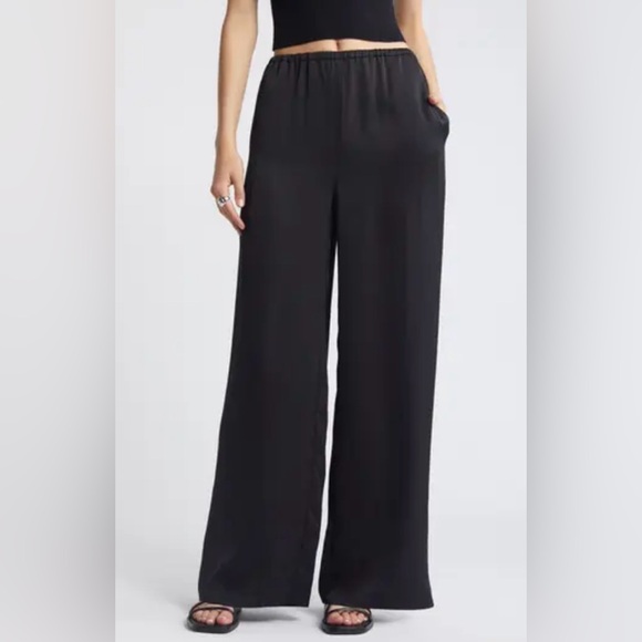 Open Edit Pants - Open Edit | Women’s Black Wide Leg Elastic Waist Pull On Lined Krinkle Pants,‎ S